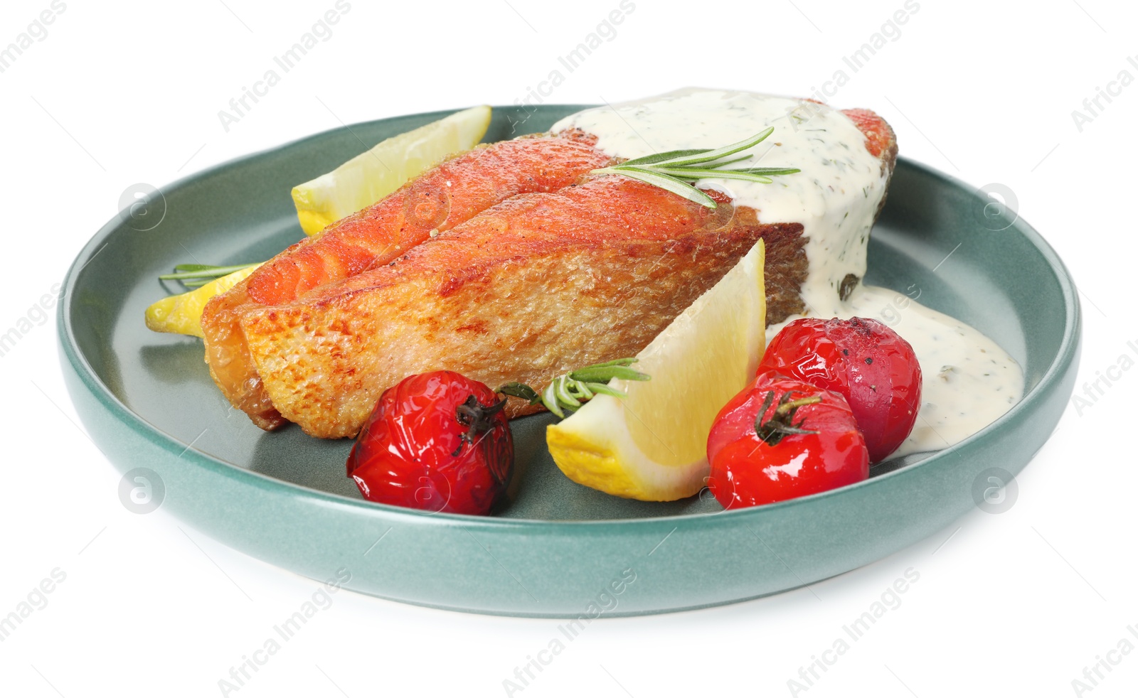 Seafood. Tasty salmon steak, sauce, tomatoes, rosemary and lemon isolated on white Photo of Seafood. Tasty salmon steak, sauce, tomatoes, rosemary and lemon isolated on white