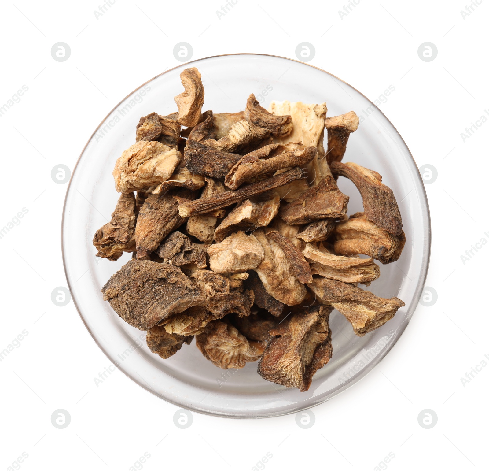 Pieces of dry chicory roots in bowl isolated on white, top view Photo of Pieces of dry chicory roots in bowl isolated on white, top view