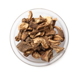 Photo of Pieces of dry chicory roots in bowl isolated on white, top view