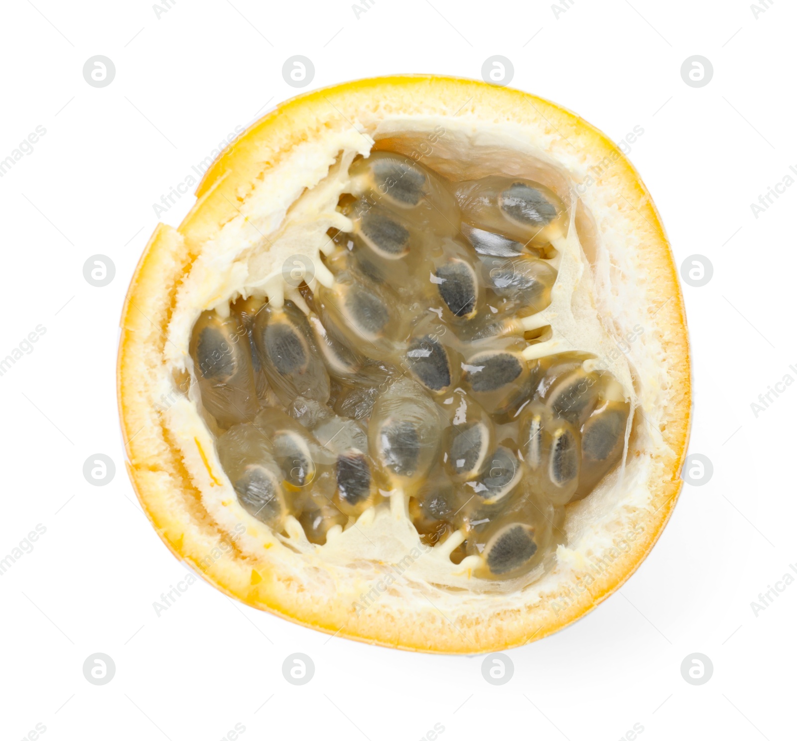 Piece of ripe yellow passion fruit isolated on white, top view Photo of Piece of ripe yellow passion fruit isolated on white, top view