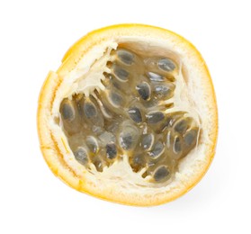 Photo of Piece of ripe yellow passion fruit isolated on white, top view