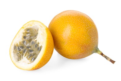 Photo of Ripe yellow passion fruits isolated on white