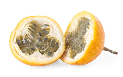 Photo of Pieces of ripe yellow passion fruit isolated on white