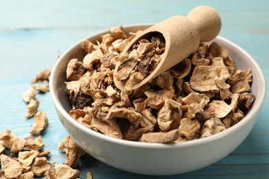 Photo of Pieces of dry chicory roots and scoop in bowl on blue wooden table, closeup
