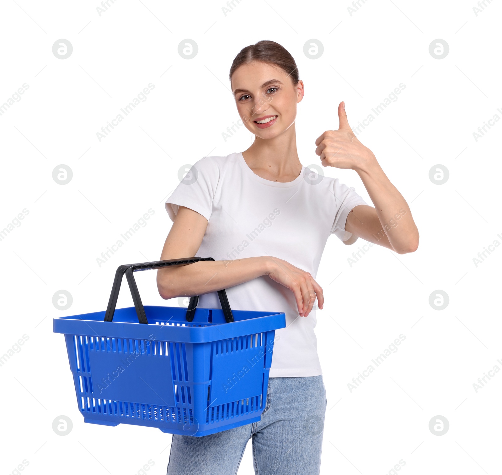 Woman with plastic shopping basket showing thumbs up on white background Photo of Woman with plastic shopping basket showing thumbs up on white background