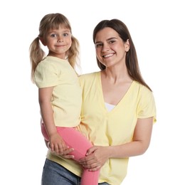 Photo of Portrait of happy mother and daughter on white background