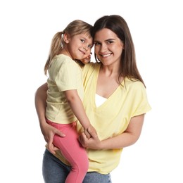 Photo of Portrait of happy mother and daughter on white background