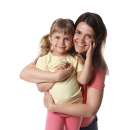 Photo of Portrait of happy mother and daughter on white background
