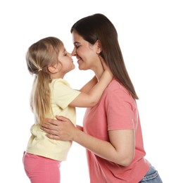 Photo of Portrait of happy mother and daughter on white background