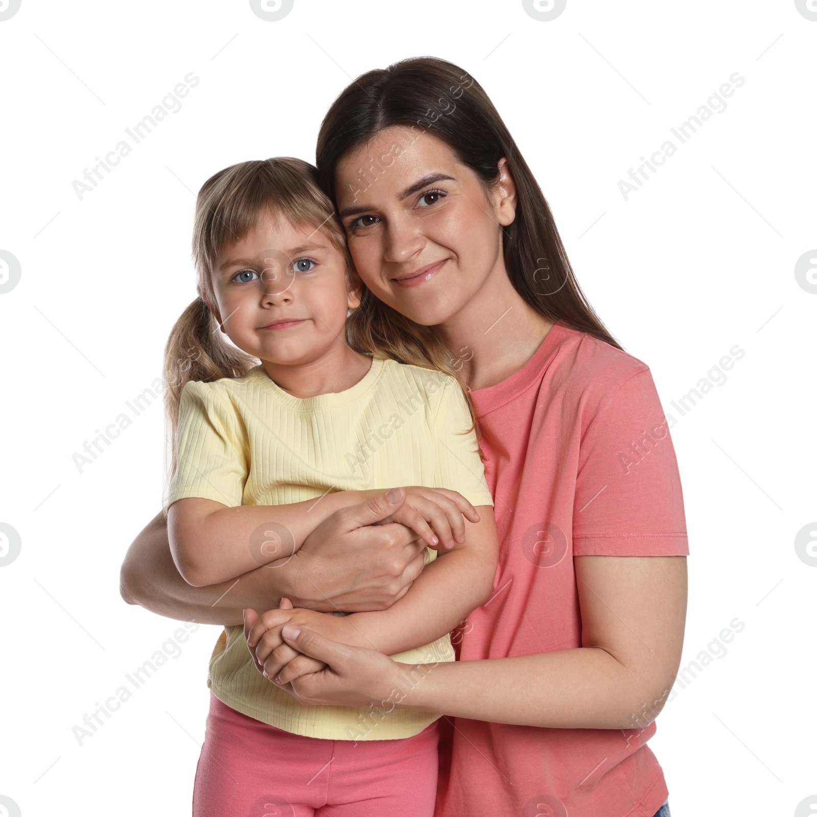 Portrait of happy mother and daughter on white background Photo of Portrait of happy mother and daughter on white background