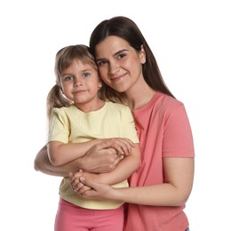 Photo of Portrait of happy mother and daughter on white background