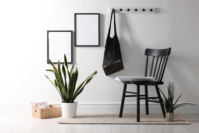 Photo of Empty picture frames on white wall, string bag, chair and houseplants indoors