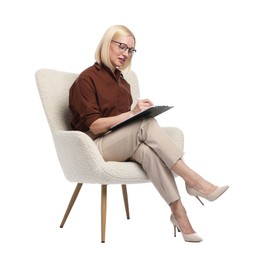 Photo of Professional psychologist with clipboard in armchair on white background