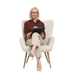 Photo of Professional psychologist with clipboard in armchair on white background