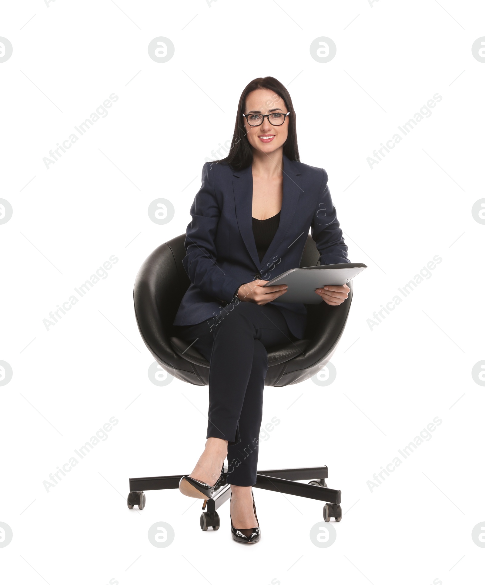 Professional psychologist with folder in office chair on white background Photo of Professional psychologist with folder in office chair on white background