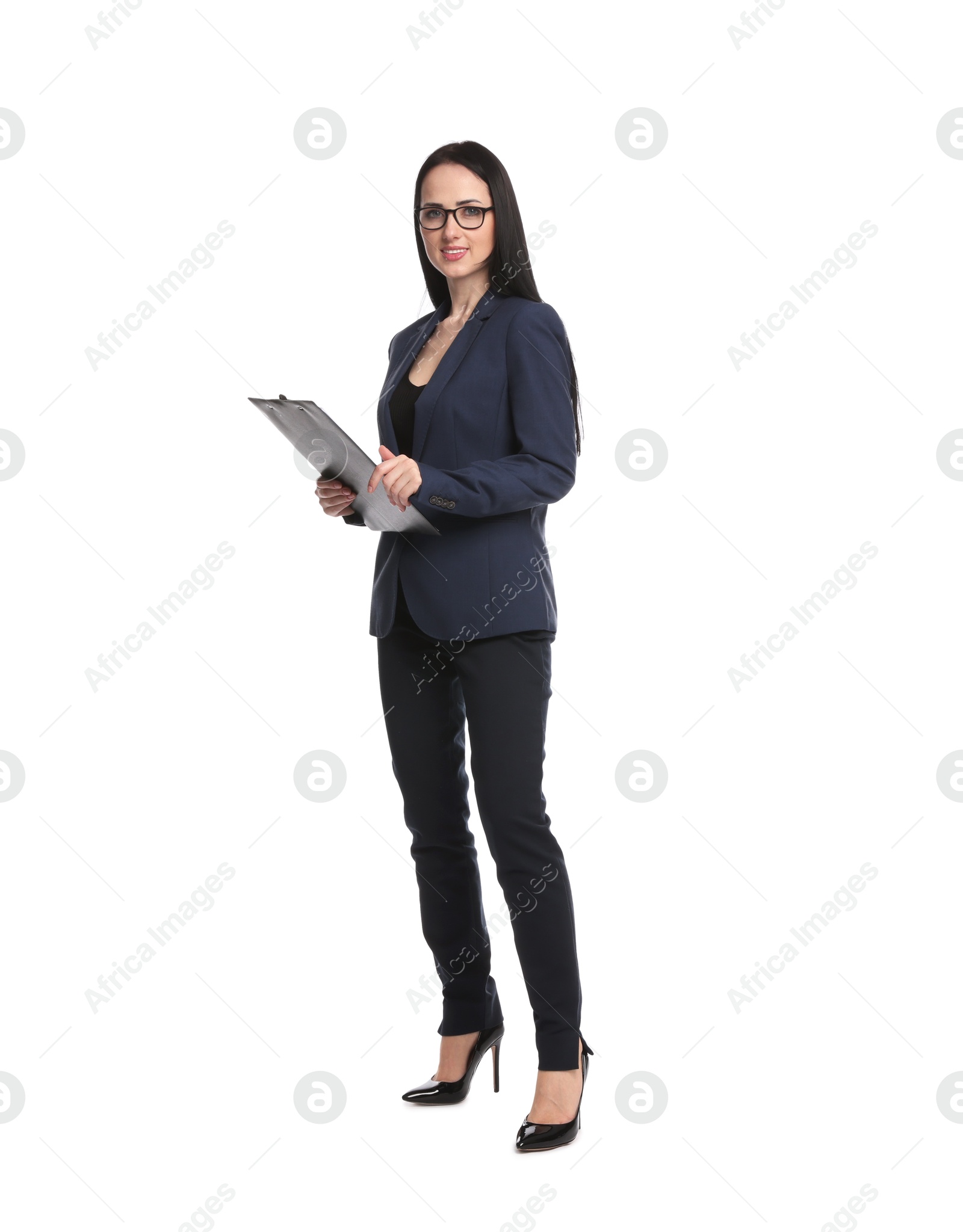 Full-length portrait of professional psychologist with clipboard on white background Photo of Full-length portrait of professional psychologist with clipboard on white background