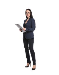 Photo of Full-length portrait of professional psychologist with clipboard on white background