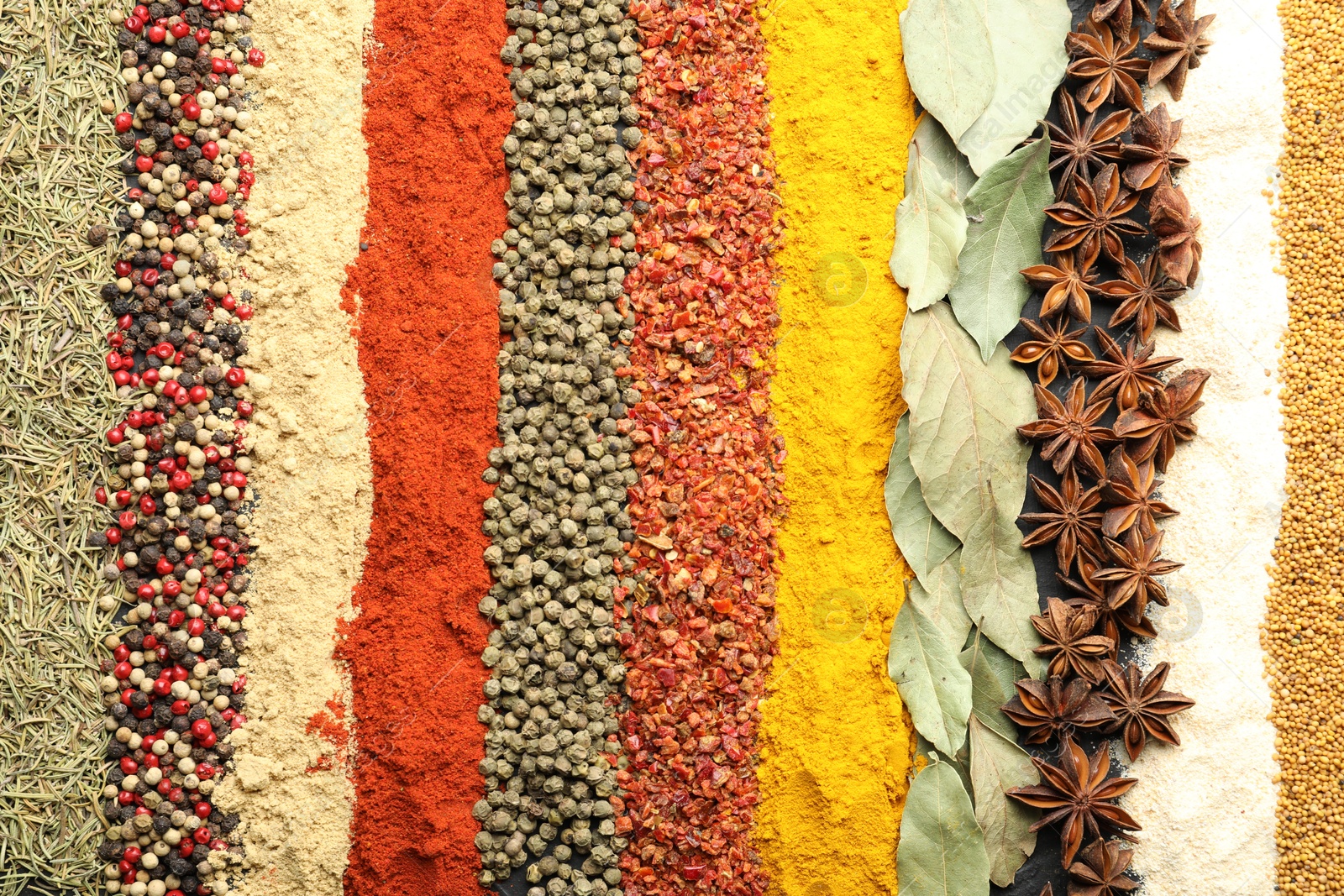 Many different spices as background, top view Photo of Many different spices as background, top view