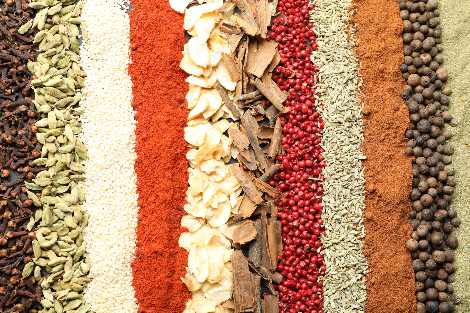 Many different spices as background, top view Photo of Many different spices as background, top view