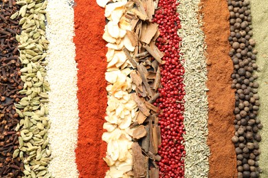 Photo of Many different spices as background, top view