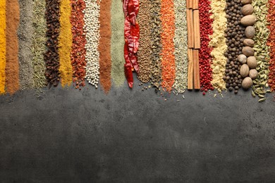 Photo of Many different spices on black table, flat lay. Space for text