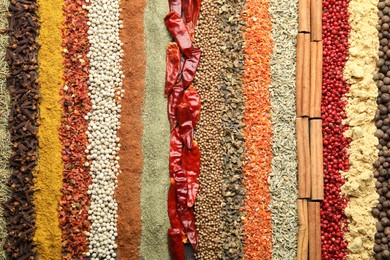 Photo of Many different spices as background, top view