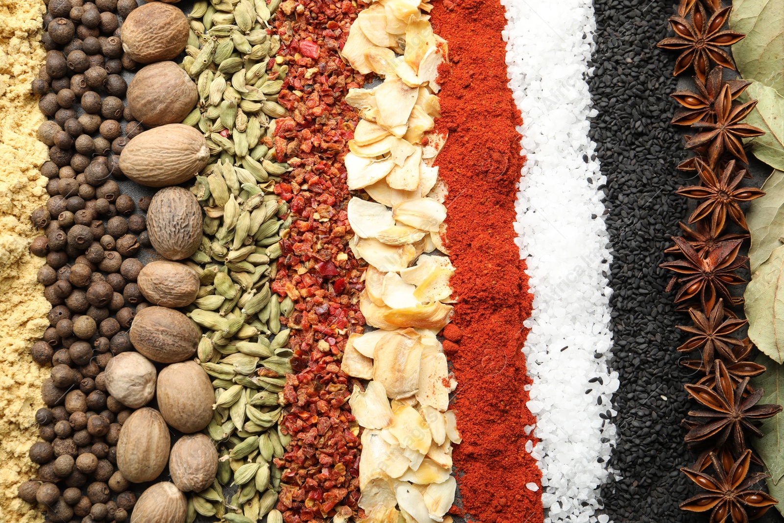 Many different spices as background, top view Photo of Many different spices as background, top view
