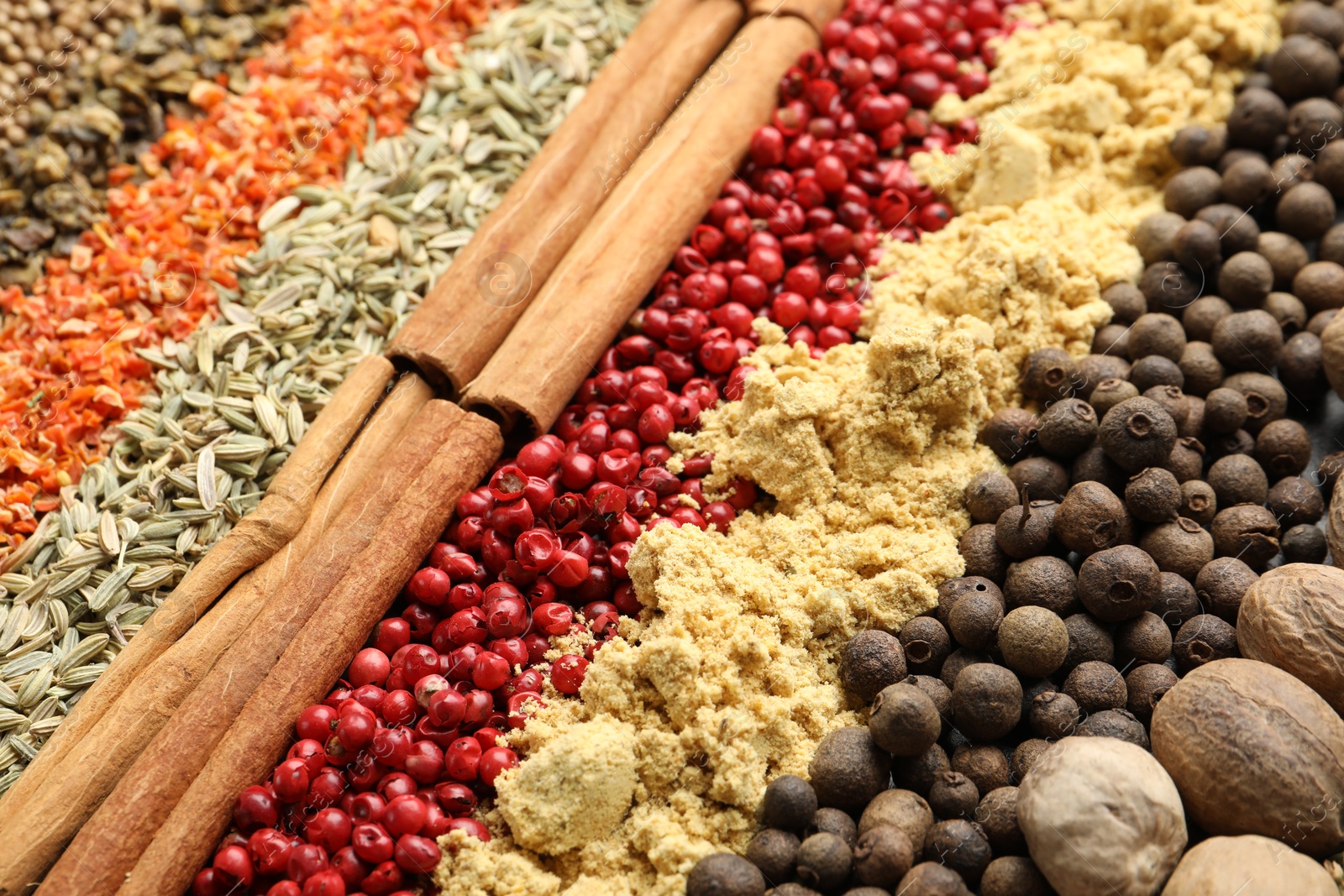 Many different aromatic spices as background, closeup Photo of Many different aromatic spices as background, closeup