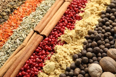 Photo of Many different aromatic spices as background, closeup