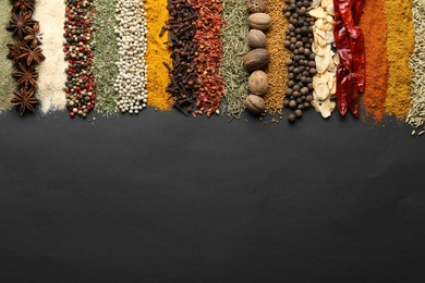 Photo of Many different spices on black table, flat lay. Space for text