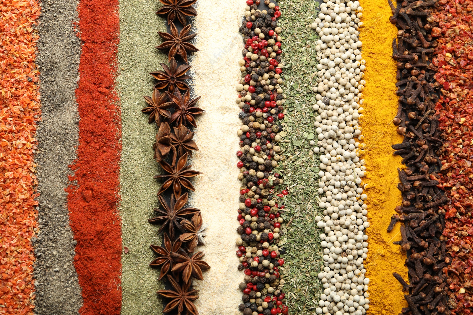 Many different spices as background, top view Photo of Many different spices as background, top view
