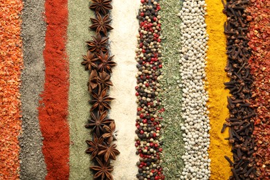 Photo of Many different spices as background, top view