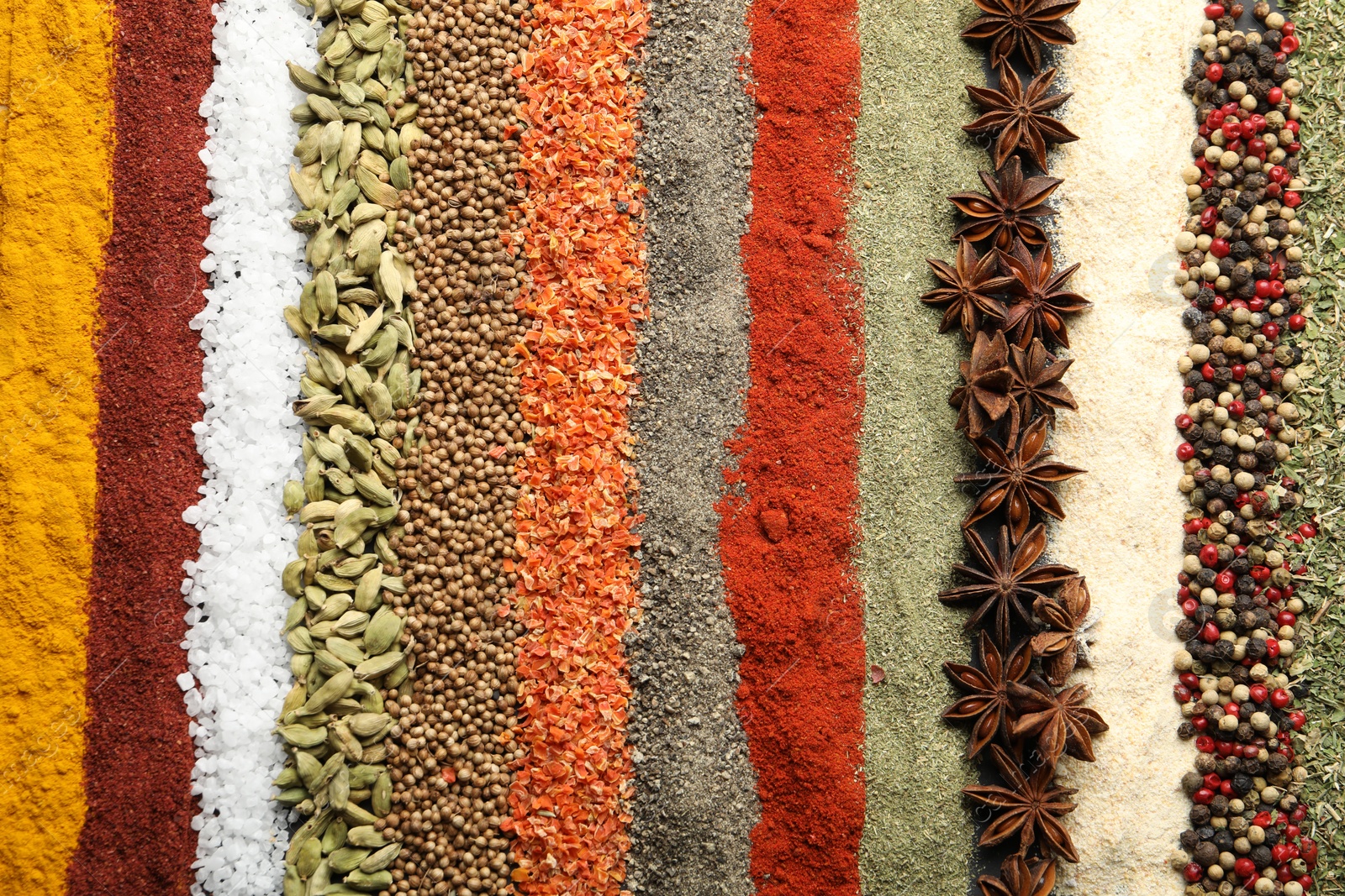 Many different spices as background, top view Photo of Many different spices as background, top view