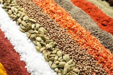Photo of Many different aromatic spices as background, closeup
