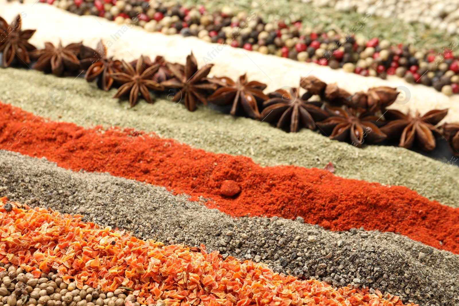 Many different aromatic spices as background, closeup Photo of Many different aromatic spices as background, closeup