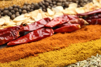 Photo of Many different aromatic spices as background, closeup