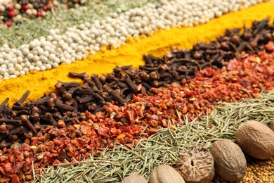 Photo of Many different aromatic spices as background, closeup