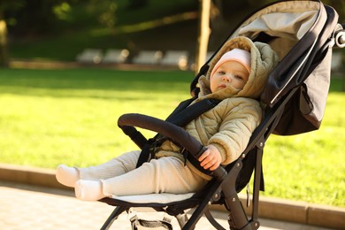 Photo of Cute little baby in stroller at park. Space for text
