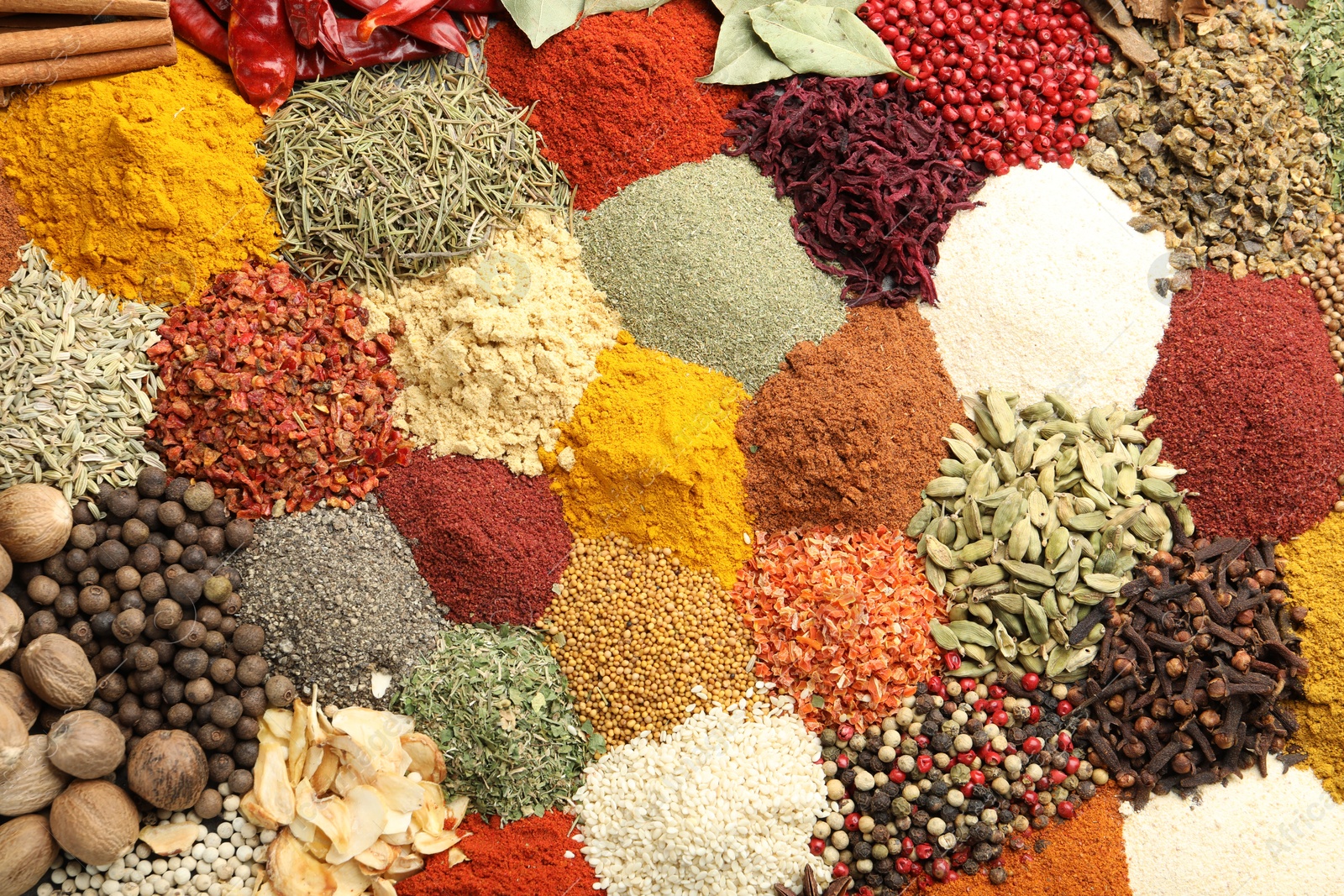 Different aromatic spices as background, top view Photo of Different aromatic spices as background, top view