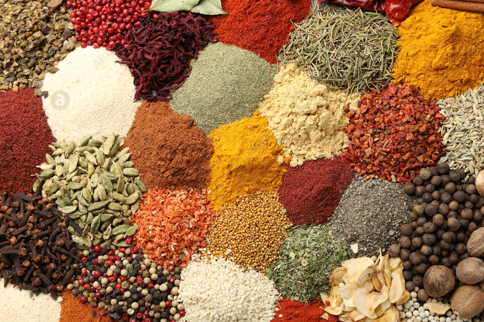 Different aromatic spices as background, top view Photo of Different aromatic spices as background, top view