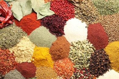Photo of Different aromatic spices as background, top view