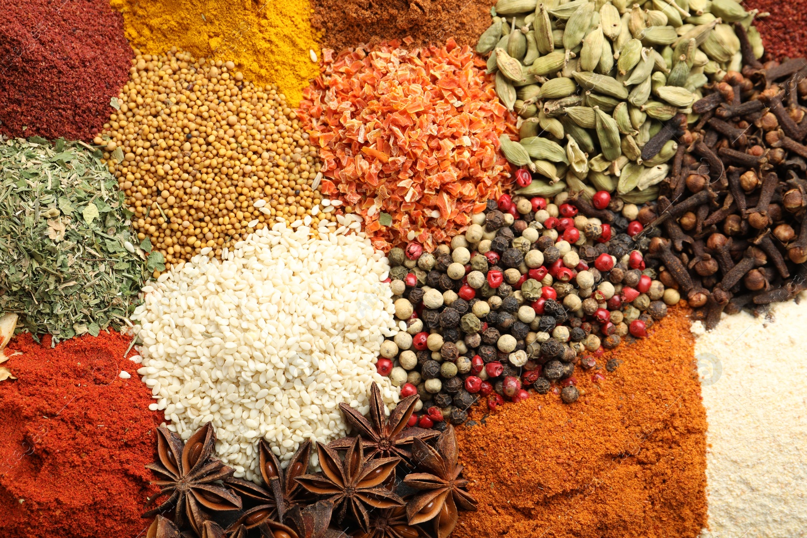 Different aromatic spices as background, top view Photo of Different aromatic spices as background, top view