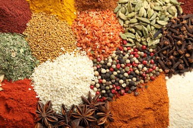 Photo of Different aromatic spices as background, top view