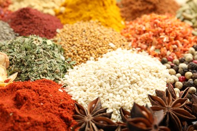 Photo of Different aromatic spices as background, closeup view