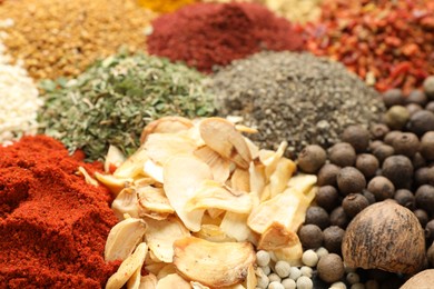 Photo of Different aromatic spices as background, closeup view