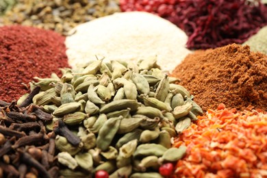 Photo of Different aromatic spices as background, closeup view