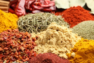 Photo of Different aromatic spices as background, closeup view
