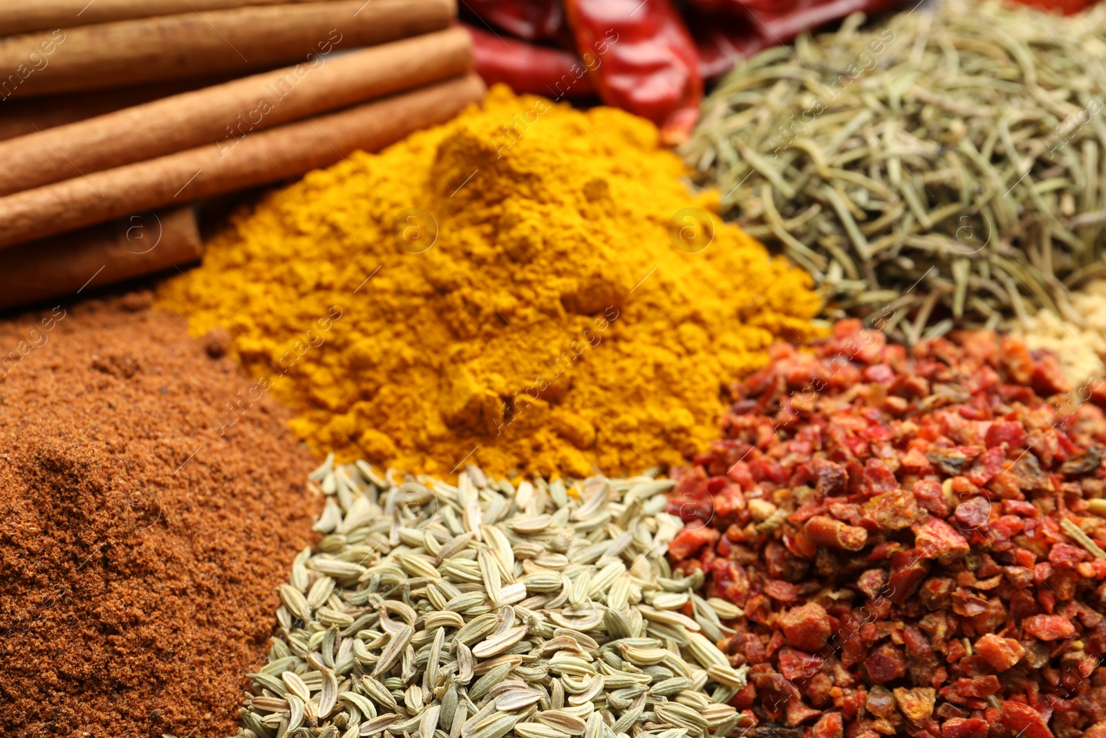 Different aromatic spices as background, closeup view Photo of Different aromatic spices as background, closeup view