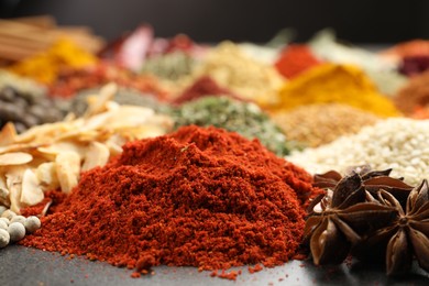 Photo of Different aromatic spices on grey table, closeup