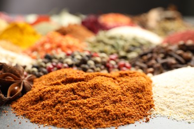 Photo of Different aromatic spices on grey table, closeup
